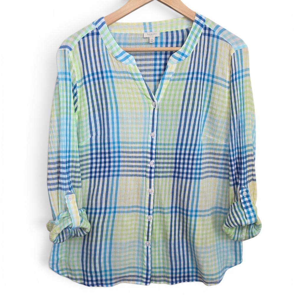 Talbots Top Womens Medium Blue Plaid Gauze Semi Sheer Blouse Roll Tab Sleeve